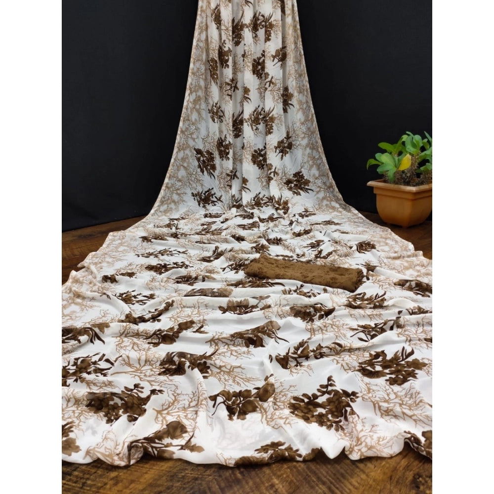pkrkart Women's Georgette Printed Saree With Unstitched Blouse (Coffee)