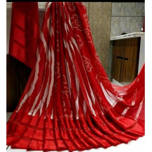 pkrkart Women's Satin Patta Printed Saree With Unstitched Blouse (Red)