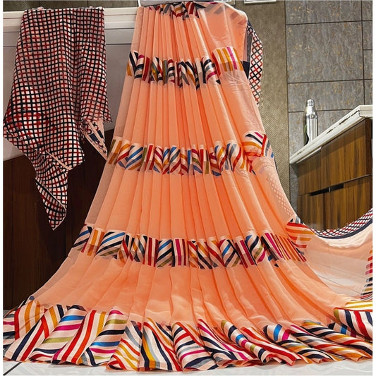 pkrkart Women's Satin Patta Printed Saree With Unstitched Blouse (Peach)