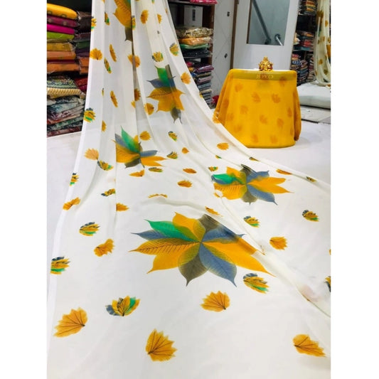 pkrkart Women's Georgette Printed Saree With Unstitched Blouse (Yellow)
