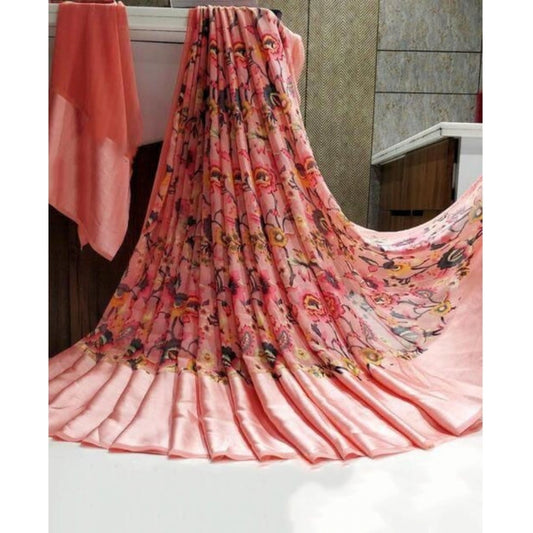 pkrkart Women's Satin Patta Printed Saree With Unstitched Blouse (Pink)