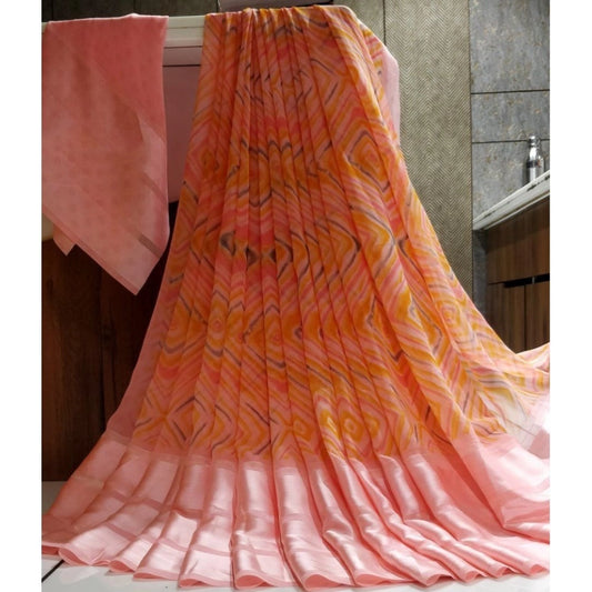 pkrkart Women's Satin Patta Printed Saree With Unstitched Blouse (Peach)