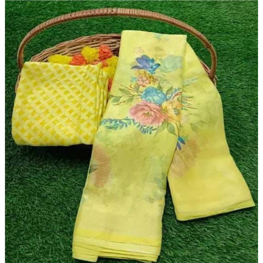pkrkart Women's Viscose Rayon Printed Saree With Unstitched Blouse (Yellow)