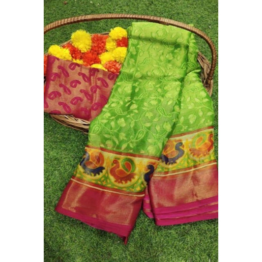 pkrkart Women's Viscose Rayon Printed Saree With Unstitched Blouse (Green)