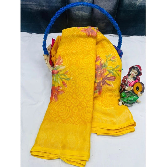 pkrkart Women's Viscose Rayon Printed Saree With Unstitched Blouse (Yellow)