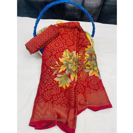 pkrkart Women's Viscose Rayon Printed Saree With Unstitched Blouse (Red)