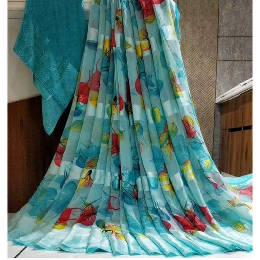 pkrkart Women's Satin Patta Printed Saree With Unstitched Blouse (Skyblue)