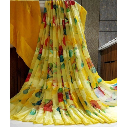 pkrkart Women's Satin Patta Printed Saree With Unstitched Blouse (Yellow)