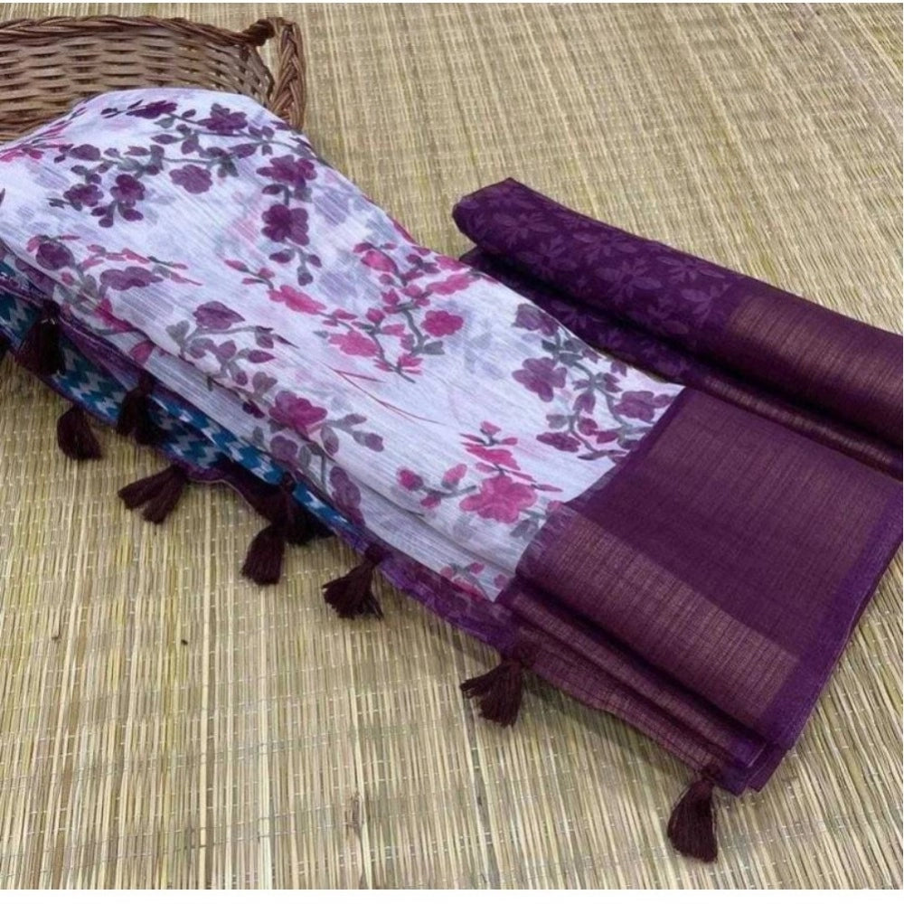 pkrkart Women's Cotton Printed Saree With Unstitched Blouse (Wine)