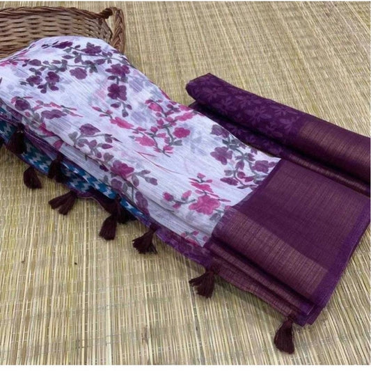 pkrkart Women's Cotton Printed Saree With Unstitched Blouse (Wine)