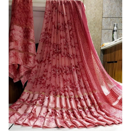 pkrkart Women's Satin Patta Printed Saree With Unstitched Blouse (Pink)