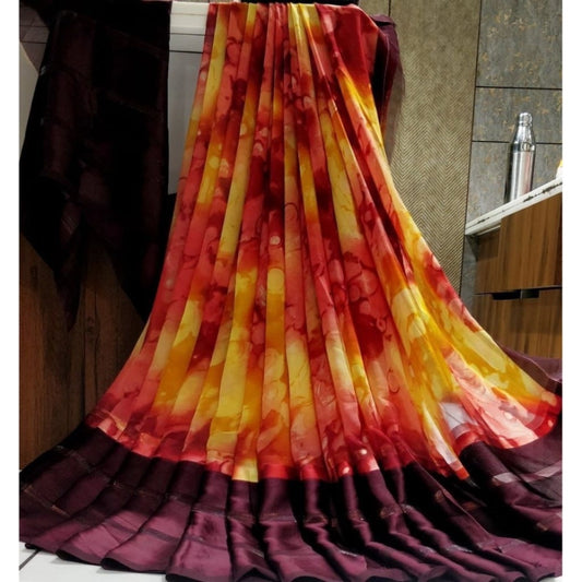 pkrkart Women's Satin Patta Printed Saree With Unstitched Blouse (Purple)