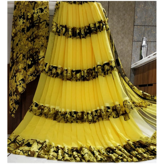 pkrkart Women's Satin Patta Printed Saree With Unstitched Blouse (Yellow)