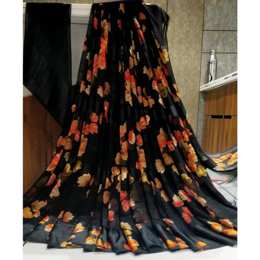 pkrkart Women's Satin Patta Printed Saree With Unstitched Blouse (Black)