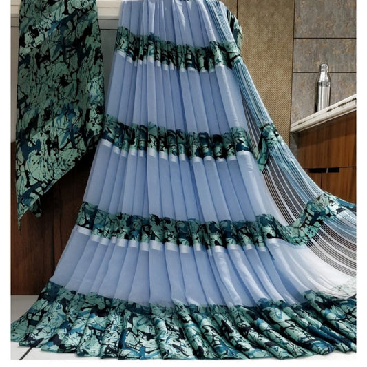 pkrkart Women's Satin Patta Printed Saree With Unstitched Blouse (Blue)