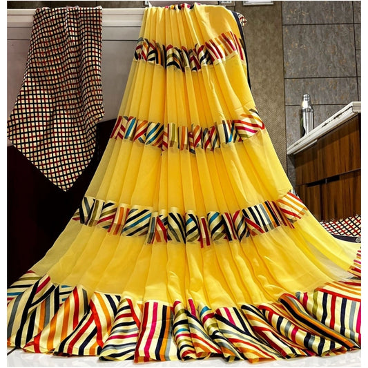 pkrkart Women's Satin Patta Printed Saree With Unstitched Blouse (Yellow)