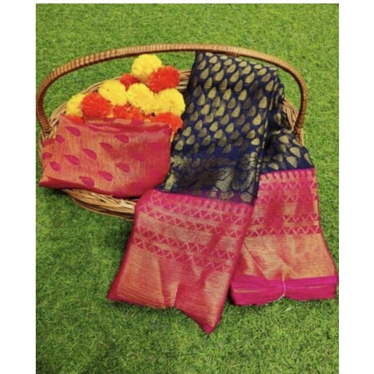 pkrkart Women's Viscose Rayon Printed Saree With Unstitched Blouse (Navy Blue)