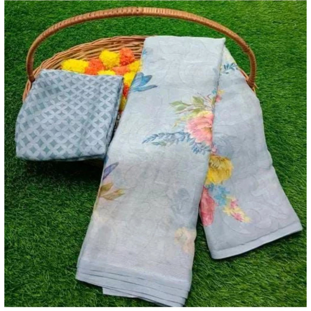 pkrkart Women's Viscose Rayon Printed Saree With Unstitched Blouse (Grey)
