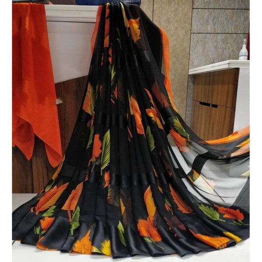pkrkart Women's Satin Patta Printed Saree With Unstitched Blouse (Orange)