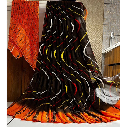 pkrkart Women's Satin Patta Printed Saree With Unstitched Blouse (Orange)