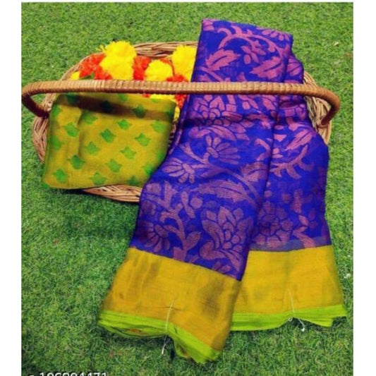 pkrkart Women's Viscose Rayon Printed Saree With Unstitched Blouse (Royal Blue)