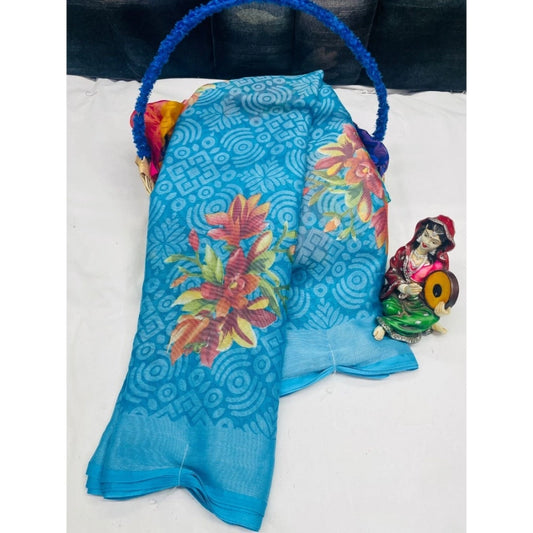 pkrkart Women's Viscose Rayon Printed Saree With Unstitched Blouse (Sky Blue)
