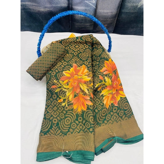 pkrkart Women's Viscose Rayon Printed Saree With Unstitched Blouse (Green)