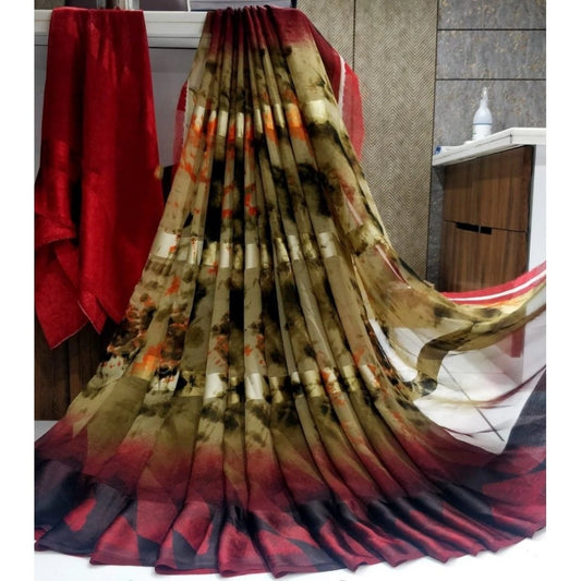 pkrkart Women's Satin Patta Printed Saree With Unstitched Blouse (Beige)
