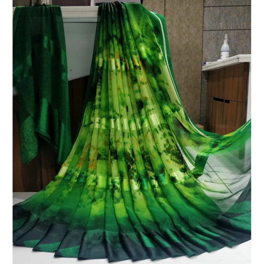 pkrkart Women's Satin Patta Printed Saree With Unstitched Blouse (Green)