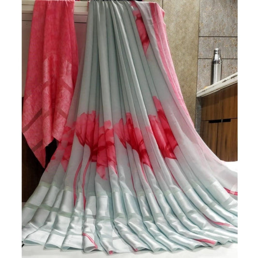 pkrkart Women's Satin Patta Printed Saree With Unstitched Blouse (Grey)