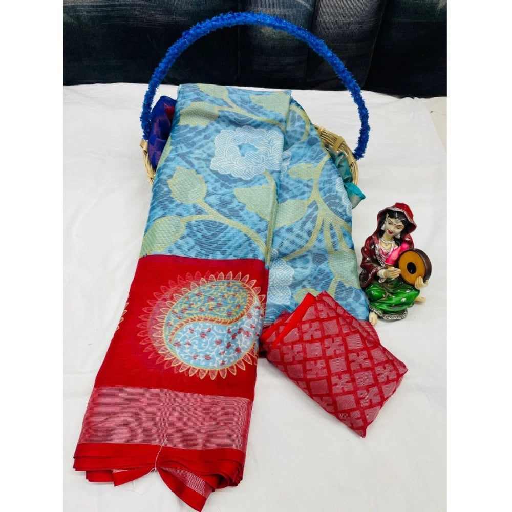 pkrkart Women's Viscose Rayon Printed Saree With Unstitched Blouse (Red)
