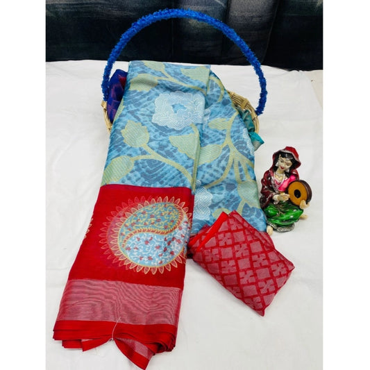 pkrkart Women's Viscose Rayon Printed Saree With Unstitched Blouse (Red)