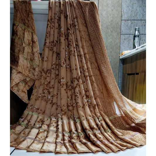pkrkart Women's Satin Patta Printed Saree With Unstitched Blouse (Brown)