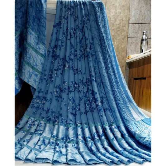 pkrkart Women's Satin Patta Printed Saree With Unstitched Blouse (Blue)