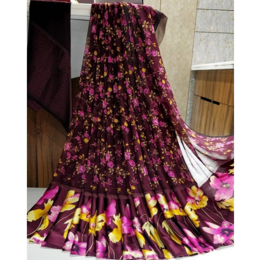 pkrkart Women's Satin Patta Printed Saree With Unstitched Blouse (Purple)