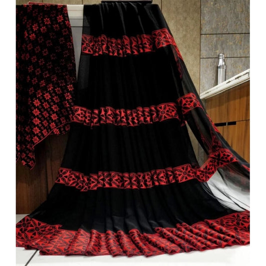 pkrkart Women's Satin Patta Printed Saree With Unstitched Blouse (Red)