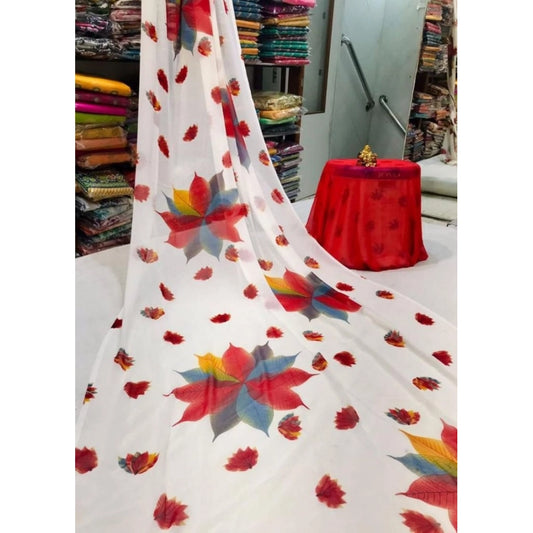pkrkart Women's Georgette Printed Saree With Unstitched Blouse (Red)