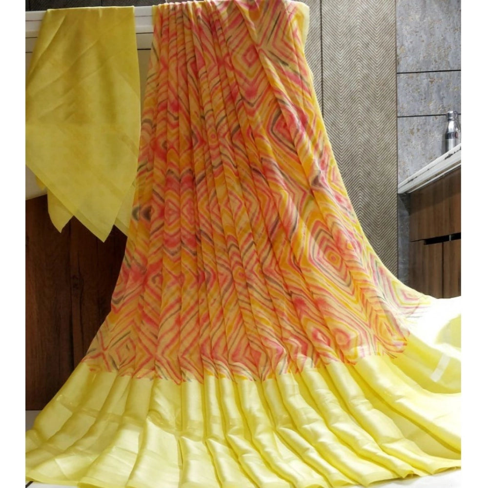 pkrkart Women's Satin Patta Printed Saree With Unstitched Blouse (Yellow)