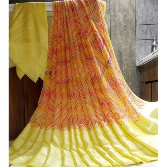 pkrkart Women's Satin Patta Printed Saree With Unstitched Blouse (Yellow)
