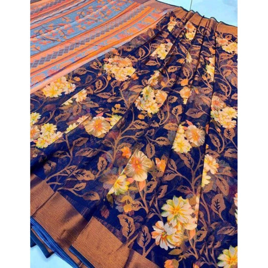 pkrkart Women's Viscose Rayon Printed Saree With Unstitched Blouse (Blue)