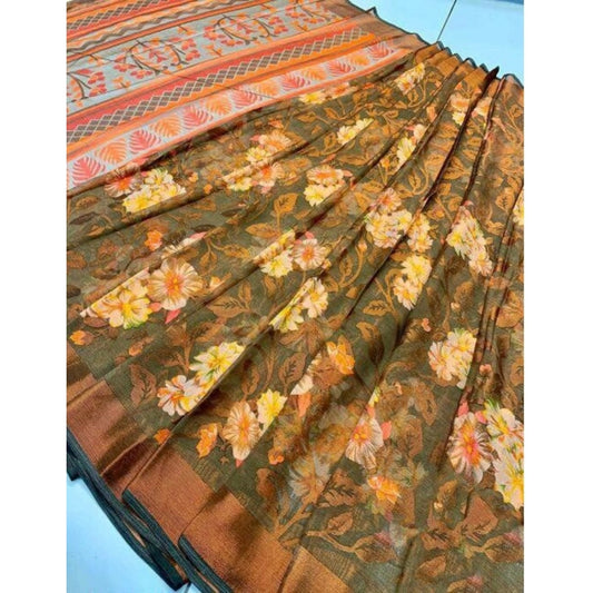 pkrkart Women's Viscose Rayon Printed Saree With Unstitched Blouse (Green)