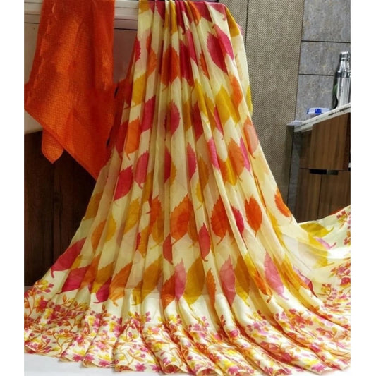 pkrkart Women's Satin Patta Printed Saree With Unstitched Blouse (Yellow)