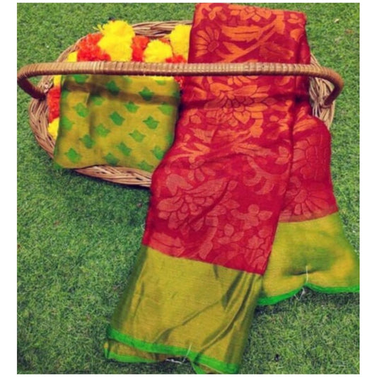 pkrkart Women's Viscose Rayon Printed Saree With Unstitched Blouse (Pink)