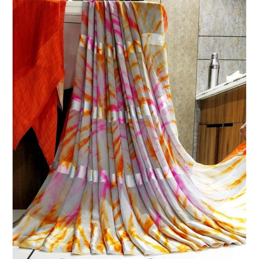 pkrkart Women's Satin Patta Printed Saree With Unstitched Blouse (Grey)