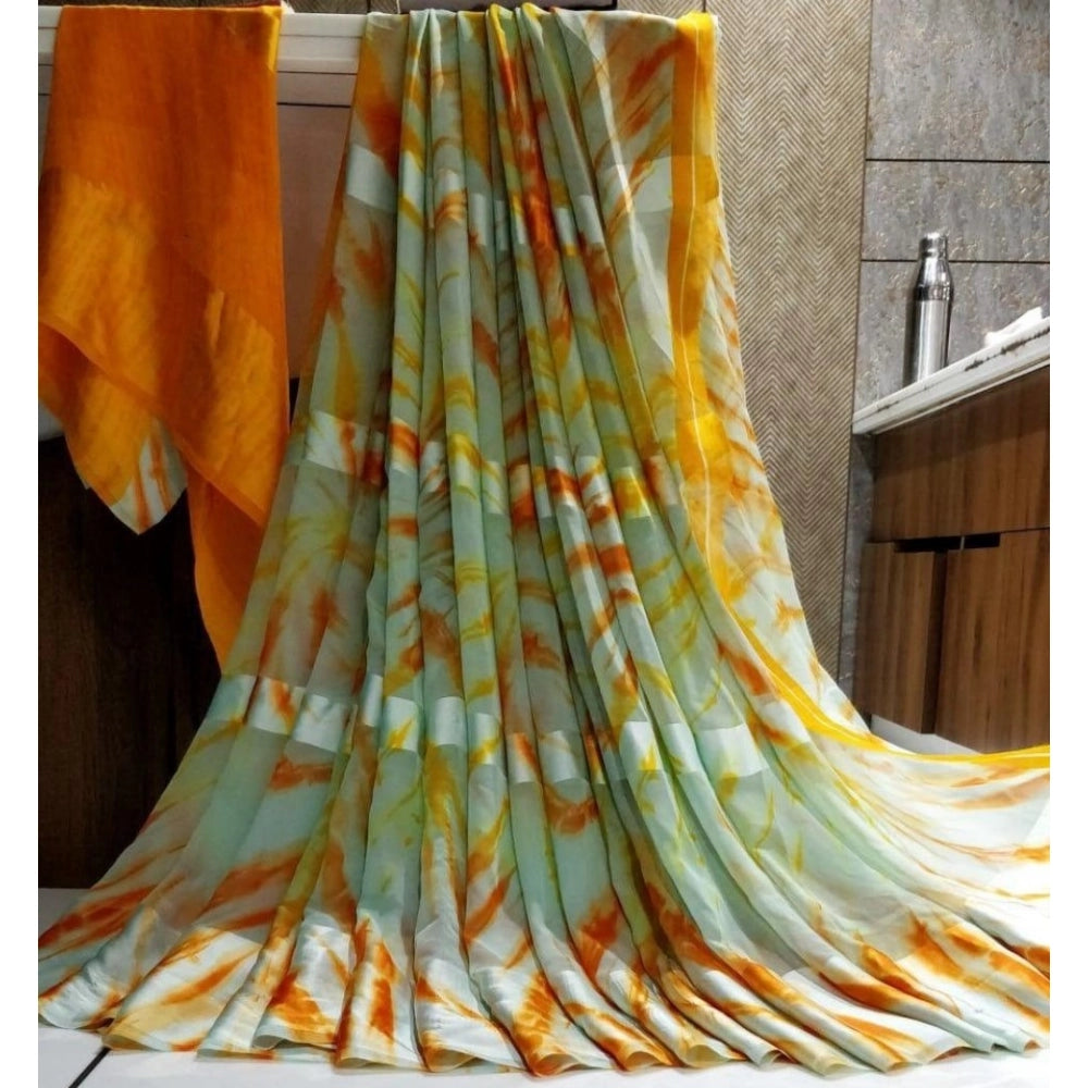 pkrkart Women's Satin Patta Printed Saree With Unstitched Blouse (Green)
