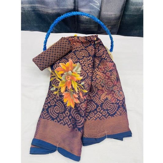 pkrkart Women's Viscose Rayon Printed Saree With Unstitched Blouse (Navy Blue)