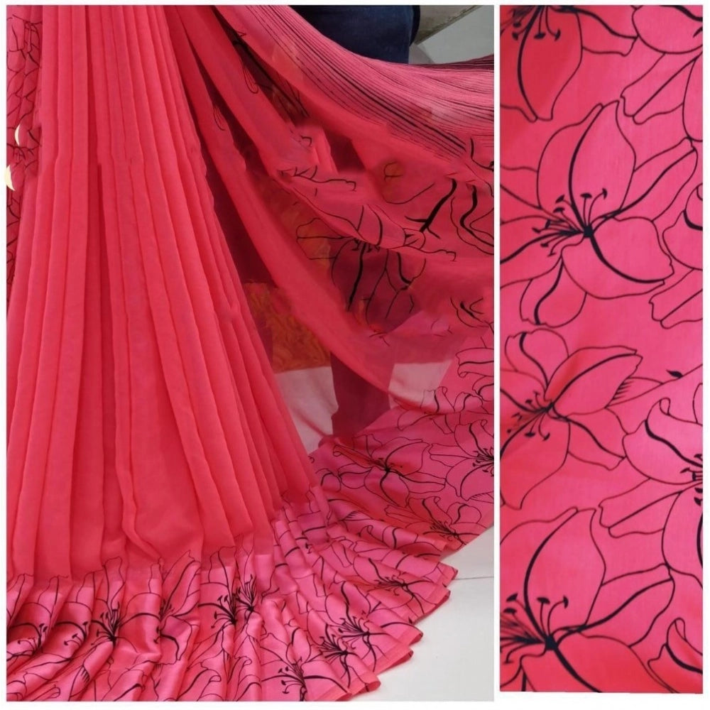 pkrkart Women's Satin Patta Printed Saree With Unstitched Blouse (Pink)
