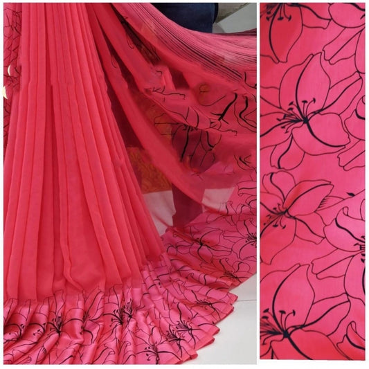 pkrkart Women's Satin Patta Printed Saree With Unstitched Blouse (Pink)