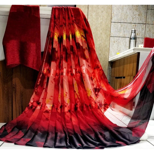 pkrkart Women's Satin Patta Printed Saree With Unstitched Blouse (Red)