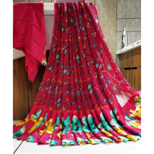 pkrkart Women's Satin Patta Printed Saree With Unstitched Blouse (Pink)